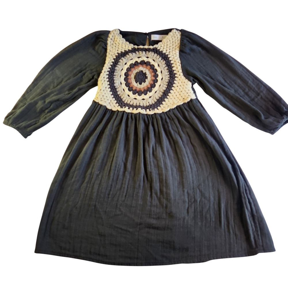 ZARA Crochet Dress Girls 9 Black Cotton Long Sleeve Boho Grannycore Cottagecore - Picture 1 of 7